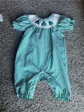 Green Gingham Smocked Baby Romper with Shamrock Embroidery